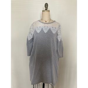 Grey t-shirt dress with lace covered neckline